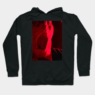 Portrait, digital collage and special processing. Mouth closeup. Rage, demon, brutal. Dark and red. Hoodie